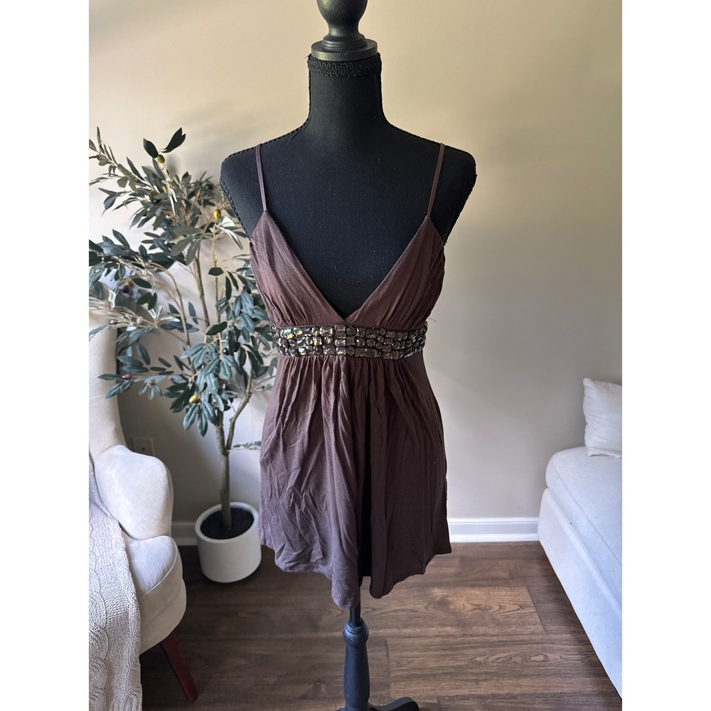 Y2K Forever 21 Brown Rhinestone Empire Waist Mini Dress Tunic Top Large 3289ZU